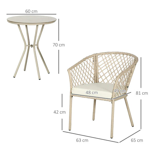 Rootz Garden Furniture Set - 2 Chairs - Table Tempered - Glass Table Top - Seat Cushions - PE Rattan - Seat Pads - Metal Frame - PE Rattan-Steel-Polyester - Khaki - 48W x 49D cm