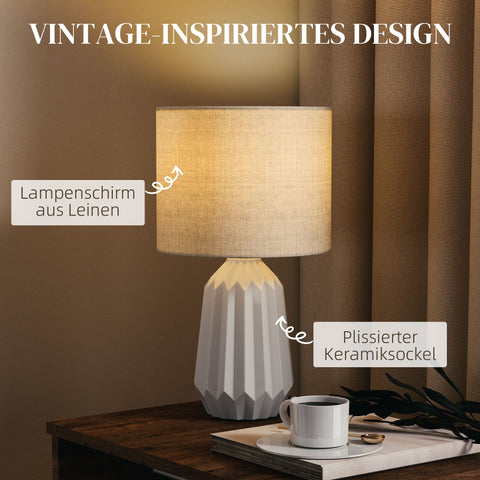 Rootz Table Lamp - Bedside Lamp - Desk Light - Soft Linen Shade - Space-Saving Design - 22 x 22 x 39 cm - White