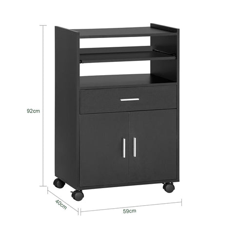 Rootz Rolling Kitchen Cabinet - Microwave Stand - Storage Cart - Versatile Use - Easy Mobility with Lockable Wheels - Ample Storage with Sliding Shelf, Drawer, and Doors - Durable MDF Construction - 59cm x 92cm x 40cm - Black