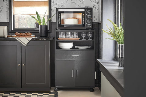 Rootz Rolling Kitchen Cabinet - Microwave Stand - Storage Cart - Versatile Use - Easy Mobility with Lockable Wheels - Ample Storage with Sliding Shelf, Drawer, and Doors - Durable MDF Construction - 59cm x 92cm x 40cm - Black