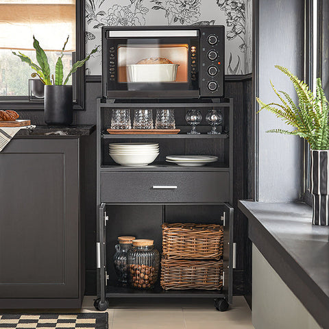 Rootz Rolling Kitchen Cabinet - Microwave Stand - Storage Cart - Versatile Use - Easy Mobility with Lockable Wheels - Ample Storage with Sliding Shelf, Drawer, and Doors - Durable MDF Construction - 59cm x 92cm x 40cm - Black