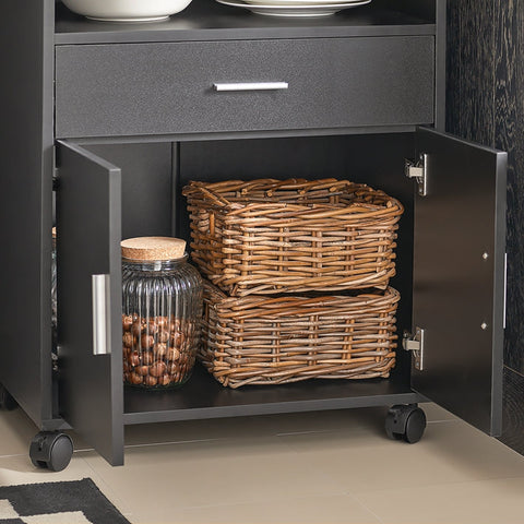 Rootz Rolling Kitchen Cabinet - Microwave Stand - Storage Cart - Versatile Use - Easy Mobility with Lockable Wheels - Ample Storage with Sliding Shelf, Drawer, and Doors - Durable MDF Construction - 59cm x 92cm x 40cm - Black