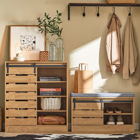 Rootz Shoe Bench with Sliding Door - Storage Bench - Shoe Rack - Versatile Use - Comfortable Seating - Easy Assembly - 80cm x 48cm x 35cm