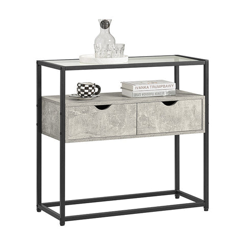 Rootz Moderne Dressoir Console Tafel - Haltafel - Lichtgrijze Bijzettafel - Glazen Blad - Ruime Opbergruimte - Stevig Ontwerp - Verstelbare Voeten - 81cm x 78cm x 35cm