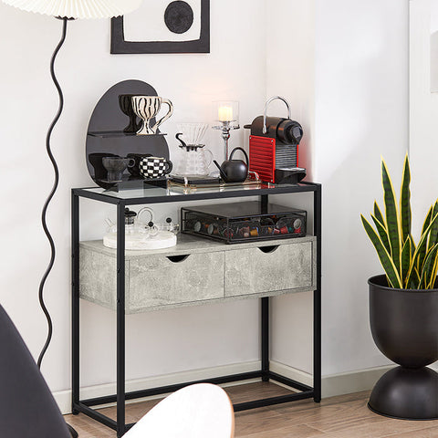 Rootz Moderne Dressoir Console Tafel - Haltafel - Lichtgrijze Bijzettafel - Glazen Blad - Ruime Opbergruimte - Stevig Ontwerp - Verstelbare Voeten - 81cm x 78cm x 35cm