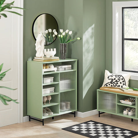 Rootz Modern Storage Cabinet - Sideboard - Hall Closet - Dresser - MDF and Metal with Glass - Adjustable Shelf - Sliding Door - Stable Design - 70cm x 90cm x 34cm