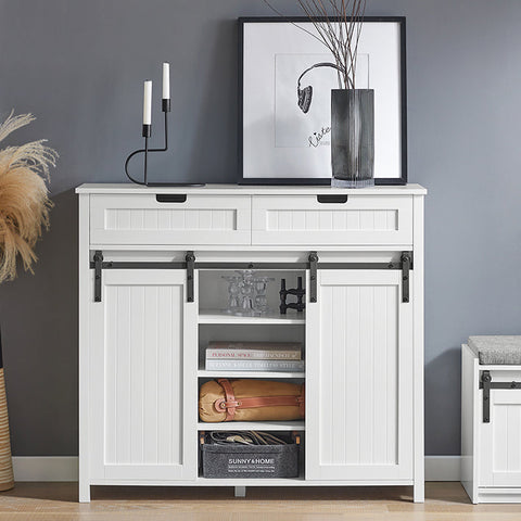 Rootz Sliding Door Sideboard - Storage Cabinet - Two Drawers - MDF PB - 104cm x 93cm x 35cm - Easy Assembly