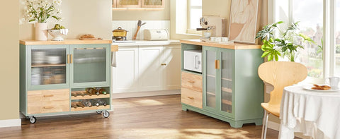 Rootz Modern Sideboard with Glass Doors - Kitchen Cabinet - Dresser - Hall Closet - Storage Organizer - Wine Glass and Bottle Holder - Spacious Microwave Compartment - MDF and Rubber Wood - 120cm x 90cm x 40cm - Green