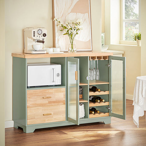 Rootz Modern Sideboard with Glass Doors - Kitchen Cabinet - Dresser - Hall Closet - Storage Organizer - Wine Glass and Bottle Holder - Spacious Microwave Compartment - MDF and Rubber Wood - 120cm x 90cm x 40cm - Green