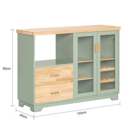 Rootz Modern Sideboard with Glass Doors - Kitchen Cabinet - Dresser - Hall Closet - Storage Organizer - Wine Glass and Bottle Holder - Spacious Microwave Compartment - MDF and Rubber Wood - 120cm x 90cm x 40cm - Green