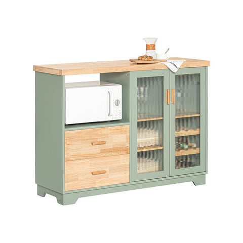 Rootz Modern Sideboard with Glass Doors - Kitchen Cabinet - Dresser - Hall Closet - Storage Organizer - Wine Glass and Bottle Holder - Spacious Microwave Compartment - MDF and Rubber Wood - 120cm x 90cm x 40cm - Green