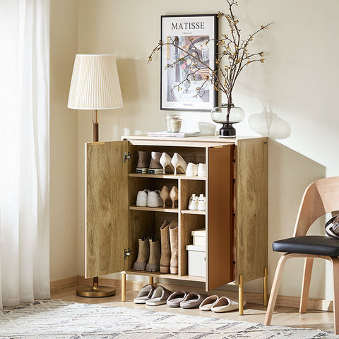 The Rootz Elegant Glass Door Closet with Golden Handles, Metal Legs and Ample Storage Spaces