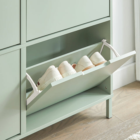 Rootz Schoenenkast met 4 kleppen - Schoenenkantelaar - Schoenenlade - Ruimtebesparend ontwerp - Stevige constructie met muurbevestiging - Eenvoudige montage - Groen MDF en metaal - 100 cm x 90 cm x 19 cm