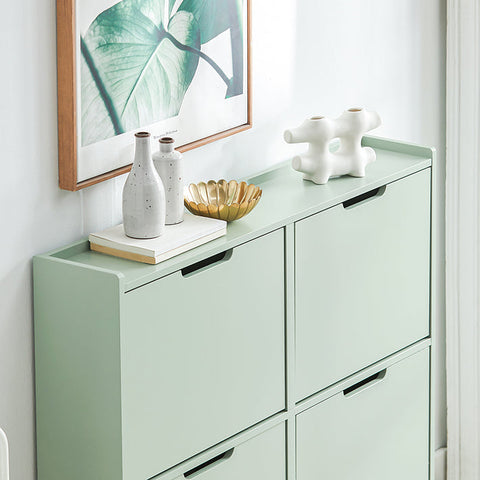 Rootz Schoenenkast met 4 kleppen - Schoenenkantelaar - Schoenenlade - Ruimtebesparend ontwerp - Stevige constructie met muurbevestiging - Eenvoudige montage - Groen MDF en metaal - 100 cm x 90 cm x 19 cm