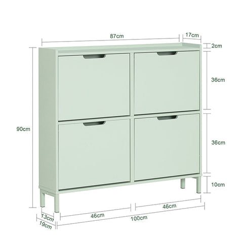 Rootz Schoenenkast met 4 kleppen - Schoenenkantelaar - Schoenenlade - Ruimtebesparend ontwerp - Stevige constructie met muurbevestiging - Eenvoudige montage - Groen MDF en metaal - 100 cm x 90 cm x 19 cm