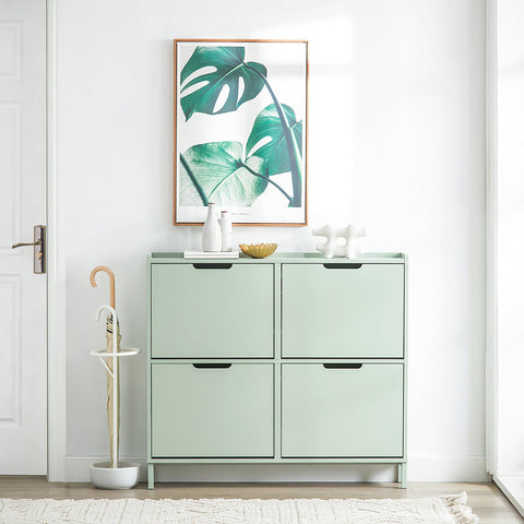 Rootz Schoenenkast met 4 kleppen - Schoenenkantelaar - Schoenenlade - Ruimtebesparend ontwerp - Stevige constructie met muurbevestiging - Eenvoudige montage - Groen MDF en metaal - 100 cm x 90 cm x 19 cm