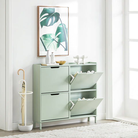 Rootz Schoenenkast met 4 kleppen - Schoenenkantelaar - Schoenenlade - Ruimtebesparend ontwerp - Stevige constructie met muurbevestiging - Eenvoudige montage - Groen MDF en metaal - 100 cm x 90 cm x 19 cm