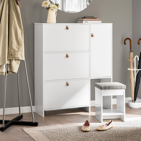 Rootz Schoenenkast met Kruk - Schoenenkantelaar - Schoenenkast - Ruimtebesparend ontwerp - Comfortabele zitplaatsen - Veelzijdige opslag - Wit MDF - 95 cm x 121 cm x 30 cm