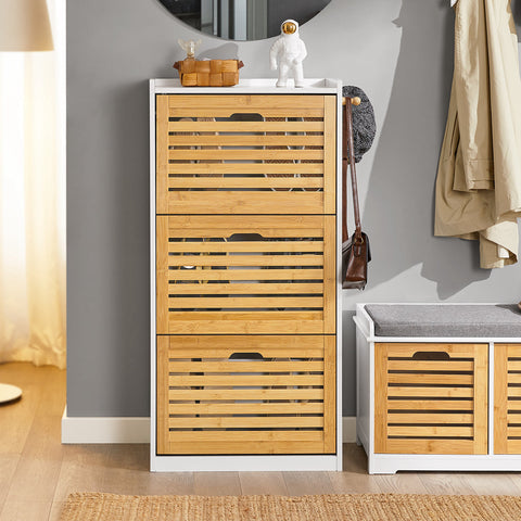 Rootz Schoenenkast Tipper - Schoenenorganizer - Schoenenopberger - Ontwerp met 3 kleppen - Stijlvolle haken voor accessoires - Combineert met andere eenheden - Bamboe en MDF - 55 cm x 112 cm x 30 cm