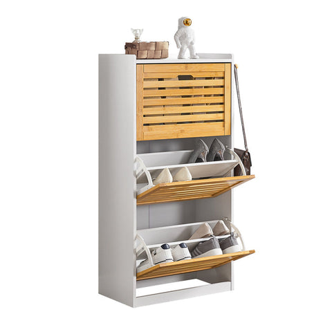 Rootz Schoenenkast Tipper - Schoenenorganizer - Schoenenopberger - Ontwerp met 3 kleppen - Stijlvolle haken voor accessoires - Combineert met andere eenheden - Bamboe en MDF - 55 cm x 112 cm x 30 cm