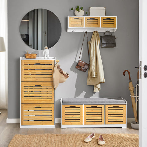 Rootz Schoenenkast Tipper - Schoenenorganizer - Schoenenopberger - Ontwerp met 3 kleppen - Stijlvolle haken voor accessoires - Combineert met andere eenheden - Bamboe en MDF - 55 cm x 112 cm x 30 cm