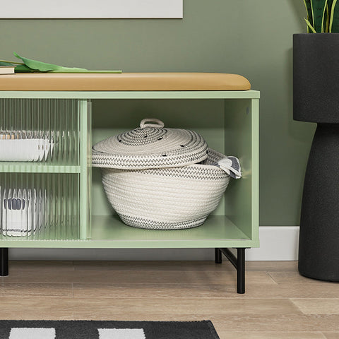 Rootz Schoenenbank met opbergruimte - Garderobebank - Halbank - Deur van gehard glas - Ruimtebesparend ontwerp - Zacht PU-lederen zitting - 110 cm x 46 cm x 34 cm