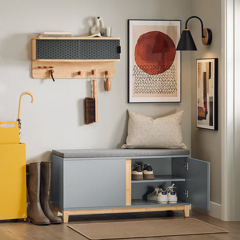 Rootz Schoenenbank met zitkussen - Ingangsbank - Opbergorganizer - Verstelbare planken - Constructie van bamboe en MDF - Comfortabele zitplaatsen - Stabiel ontwerp - 90 cm x 47 cm x 34 cm