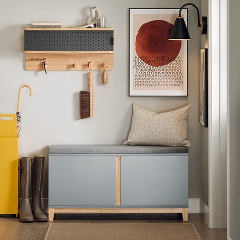 Rootz Schoenenbank met zitkussen - Ingangsbank - Opbergorganizer - Verstelbare planken - Constructie van bamboe en MDF - Comfortabele zitplaatsen - Stabiel ontwerp - 90 cm x 47 cm x 34 cm