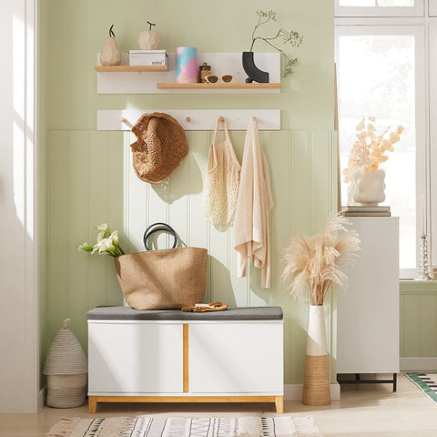 Rootz Schoenenbank met gedempte zitting - Ingangsbank - Opbergorganisator - Verstelbare planken - Duurzaam bamboeframe - 90 cm x 46 cm x 34 cm