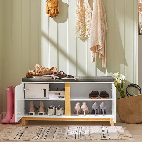 Rootz Schoenenbank met gedempte zitting - Ingangsbank - Opbergorganisator - Verstelbare planken - Duurzaam bamboeframe - 90 cm x 46 cm x 34 cm