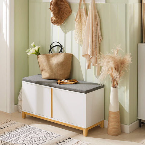 Rootz Schoenenbank met gedempte zitting - Ingangsbank - Opbergorganisator - Verstelbare planken - Duurzaam bamboeframe - 90 cm x 46 cm x 34 cm