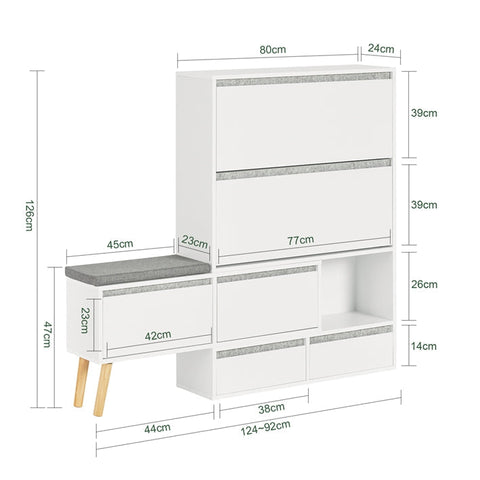 Rootz Verstelbare Schoenenkast - Schoenenorganizer - Schoenenopbergbank - Veelzijdig, ruimtebesparend, eenvoudige montage - Wit - (92-124)x115x24cm