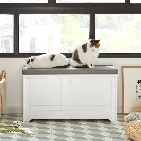 Rootz Multi-Functional Shoe Bench with Cat House - Pet Shelter - Storage Organizer - Comfortable Seating - Movable with Wheels - Durable MDF and Metal - 90cm x 44cm x 36cm