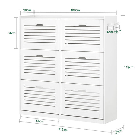 Rootz Schoenenkast met 6 kleppen - Schoenenkantelaar - Schoenenkast - Veelzijdige opslag - Ruimtebesparend ontwerp - Eenvoudige montage - Wit - 115 cm x 112 cm x 30 cm