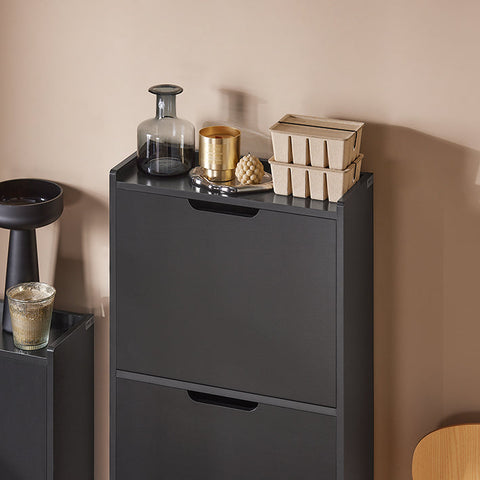 Rootz Schoenenkipperkast - Schoenenorganizer - Schoenenopslag - Ruimtebesparend ontwerp - Veelzijdige opslag - Verbeterde stabiliteit - Zwart MDF en metaal - 50 cm x 129 cm x 19 cm