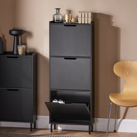 Rootz Schoenenkipperkast - Schoenenorganizer - Schoenenopslag - Ruimtebesparend ontwerp - Veelzijdige opslag - Verbeterde stabiliteit - Zwart MDF en metaal - 50 cm x 129 cm x 19 cm