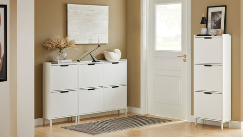 Rootz Shoe Tipper Cabinet - Shoe Storage - Shoe Organizer - Space-Saving Design - Versatile Storage - Enhanced Stability - White - 50cm x 129cm x 19cm