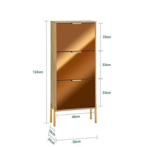 Rootz Shoe Storage Cabinet - Shoe Organizer - Shoe Rack - Golden Glass Doors, Metal Legs, Stable Design - 55x124x24cm