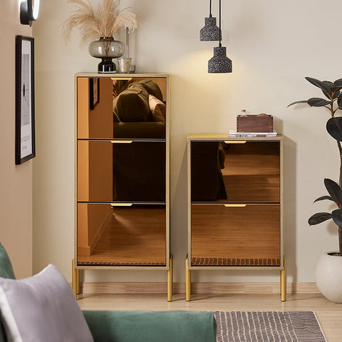 Rootz Shoe Storage Cabinet - Shoe Organizer - Shoe Rack - Golden Glass Doors, Metal Legs, Stable Design - 55x124x24cm