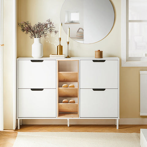 Rootz Shoe Cabinet - Footwear Organizer - Storage Unit - Modern Design - 126x85x19cm - Stylish Bamboo & White Finish