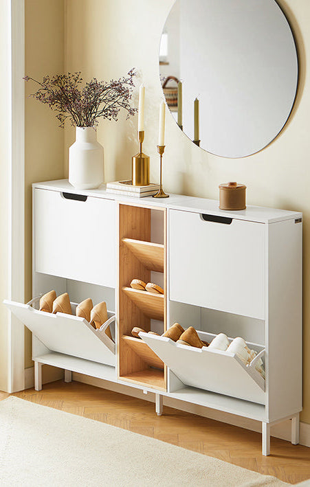 Rootz Shoe Cabinet - Footwear Organizer - Storage Unit - Modern Design - 126x85x19cm - Stylish Bamboo & White Finish