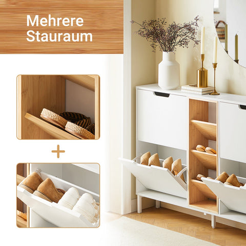 Rootz Shoe Cabinet - Footwear Organizer - Storage Unit - Modern Design - 126x85x19cm - Stylish Bamboo & White Finish