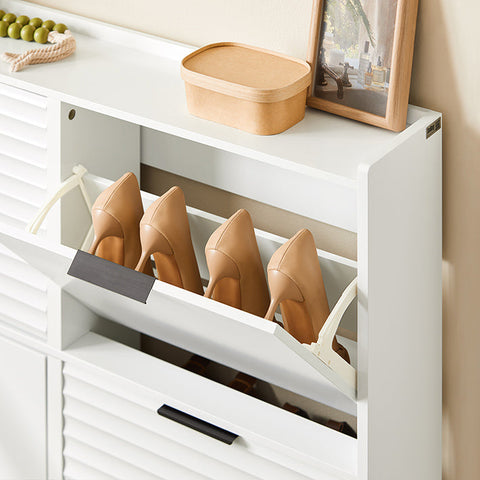 Rootz Space-Saving Shoe Cabinet - Shoe Storage - Entryway Organizer - Holds 8-12 Pairs - Scandinavian White - 100x19x90cm - Sturdy MDF & Metal