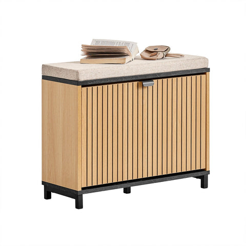 Rootz Shoe Bench - Narrow Shoe Storage - Folding Shoe Cabinet - Holds 113kg, Brown Seat, Black Marble Finish, 60x50x24cm