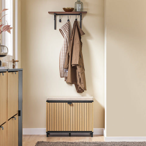 Rootz Shoe Bench - Narrow Shoe Storage - Folding Shoe Cabinet - Holds 113kg, Brown Seat, Black Marble Finish, 60x50x24cm