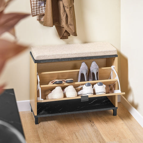 Rootz Shoe Bench - Narrow Shoe Storage - Folding Shoe Cabinet - Holds 113kg, Brown Seat, Black Marble Finish, 60x50x24cm