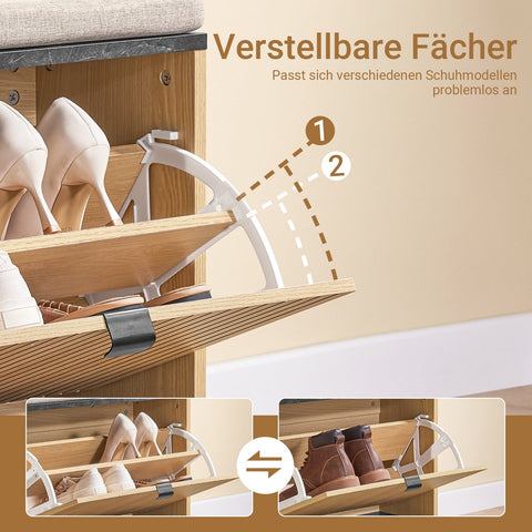 Rootz Shoe Bench - Narrow Shoe Storage - Folding Shoe Cabinet - Holds 113kg, Brown Seat, Black Marble Finish, 60x50x24cm