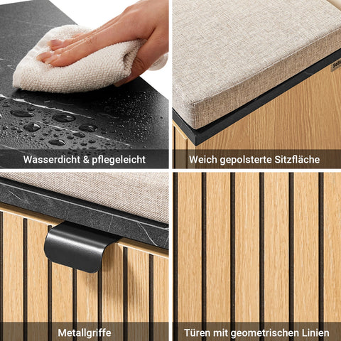 Rootz Shoe Bench - Narrow Shoe Storage - Folding Shoe Cabinet - Holds 113kg, Brown Seat, Black Marble Finish, 60x50x24cm