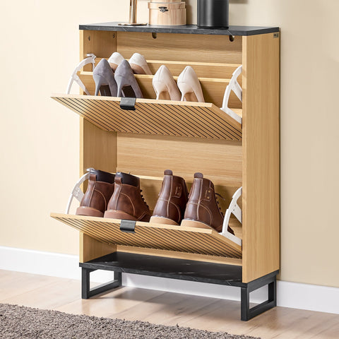 Rootz Shoe Cabinet - Slim Shoe Storage - Narrow Shoe Rack - Holds 8-12 Pairs - E1-MDF & PB - 60cm x 88cm x 24cm - Black Marble Look