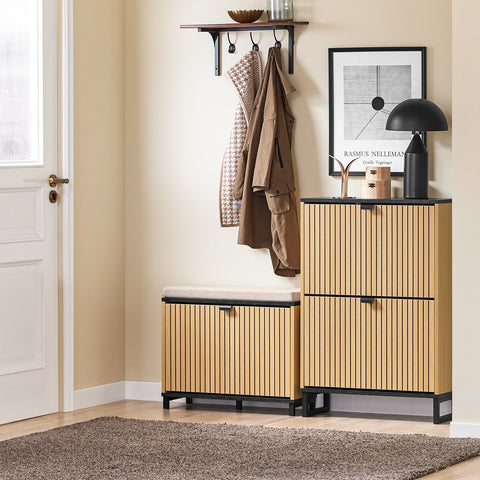 Rootz Shoe Cabinet - Slim Shoe Storage - Narrow Shoe Rack - Holds 8-12 Pairs - E1-MDF & PB - 60cm x 88cm x 24cm - Black Marble Look